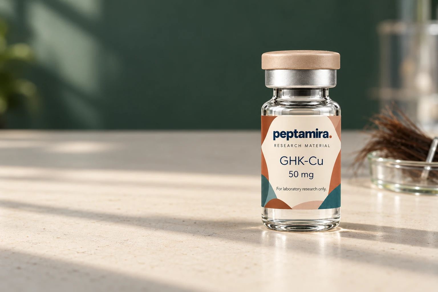 Peptamira GHK-Cu research material in a hair research editorial setting