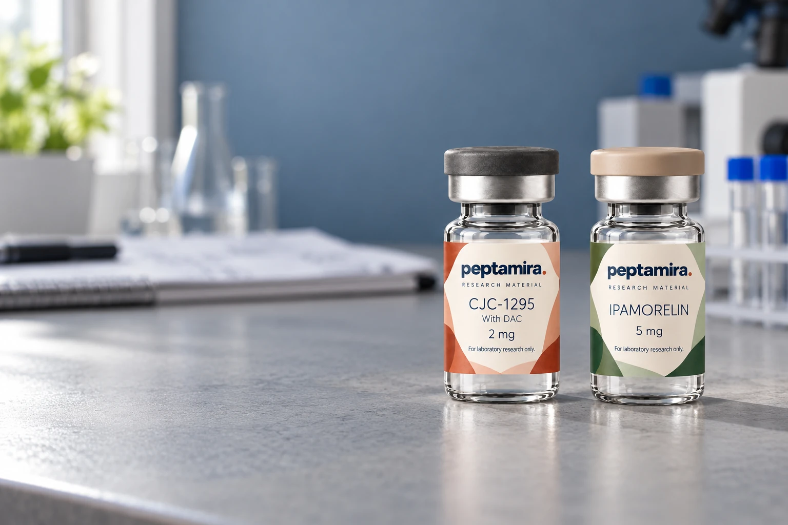 Peptamira CJC-1295 · Ipamorelin research material in a muscle research editorial setting