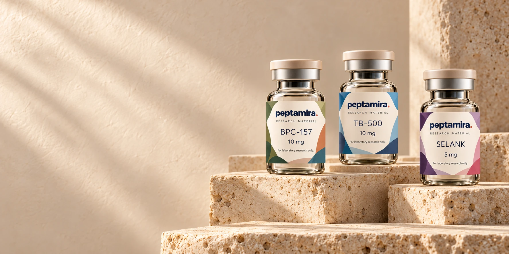 Peptamira colour-coded BPC-157, TB-500 and Selank concept packaging on travertine